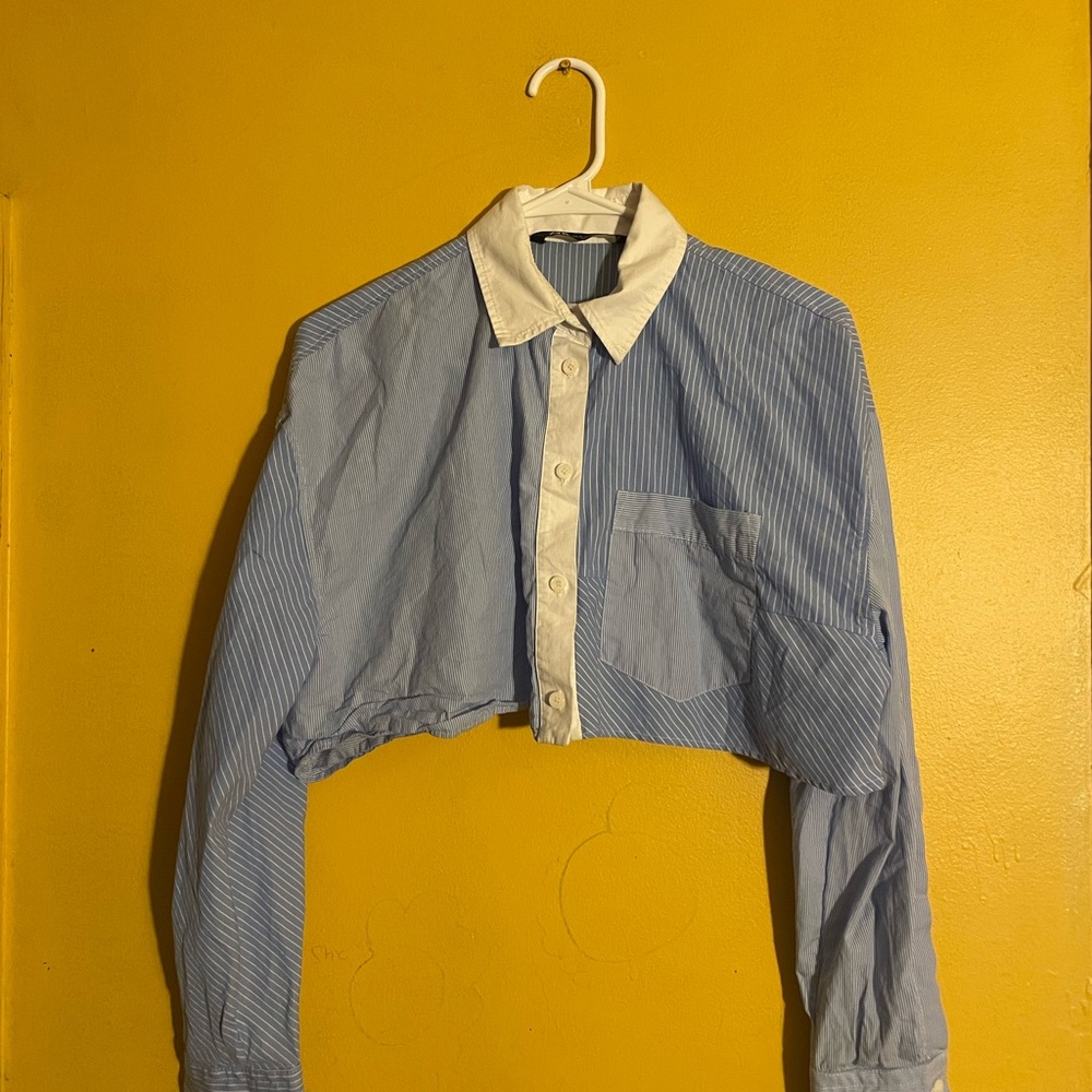Zara Blue and White Striped Cropped Shirt
